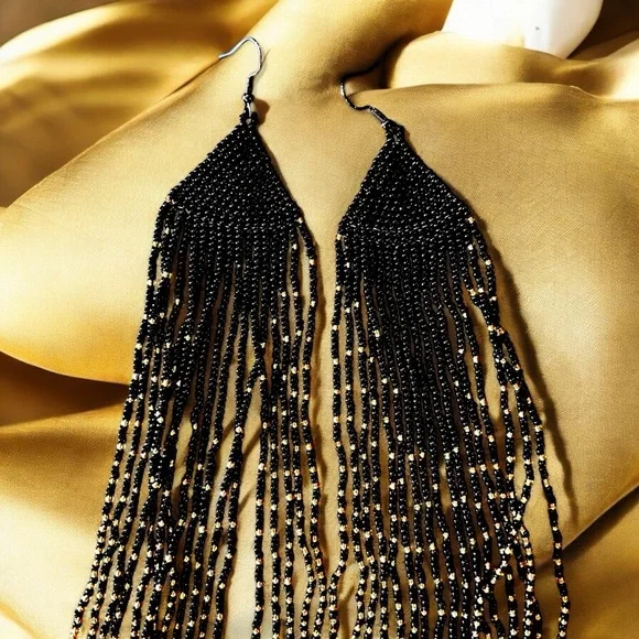 Dramatic Black and Gold Hand Beaded Cascade Earrings - Picture 16 of 16